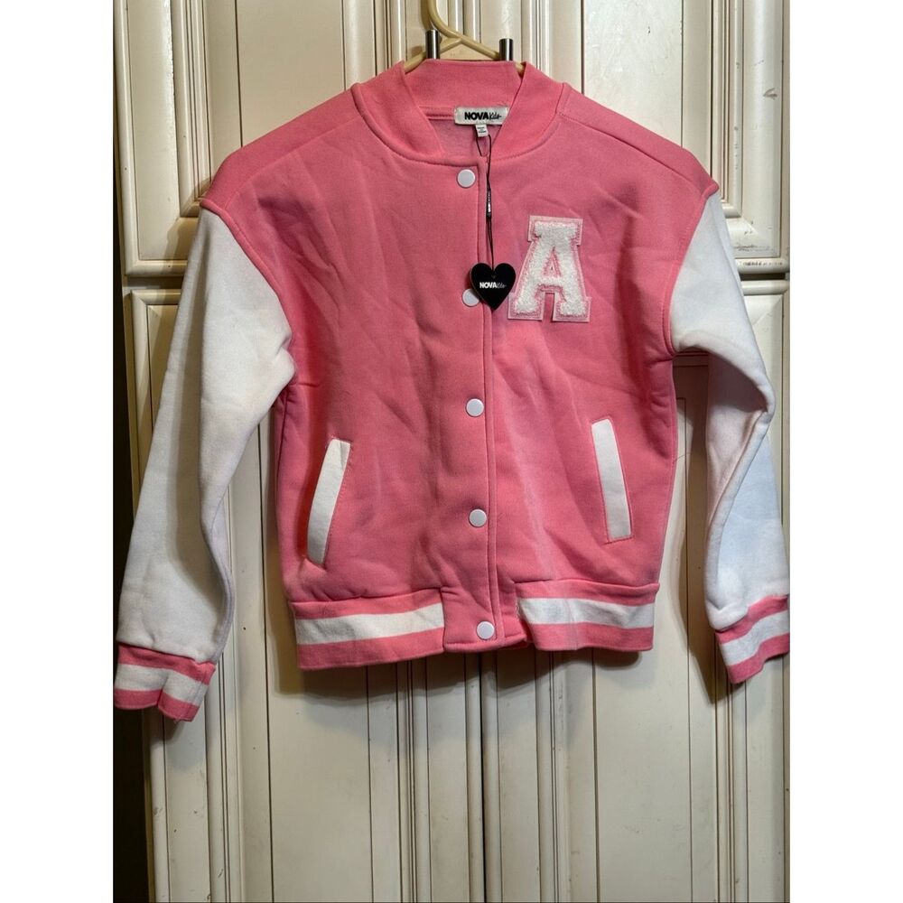 Nova Kids Girls Button-up Mini Bronx Shawty Varsity Bomber Jacket Pink Sz 10 NWT - Picture 2 of 12